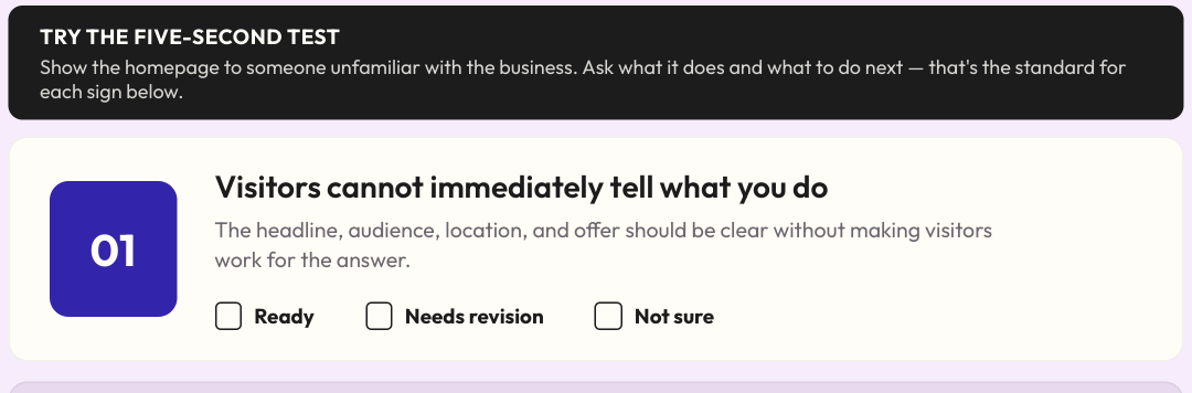 The “Try the five-second test” callout and sign 1, “Visitors cannot immediately tell what you do,” with Ready / Needs revision / Not sure checkboxes — from the “Clarity, Attention, and Layout” section of the free checklist PDF.
