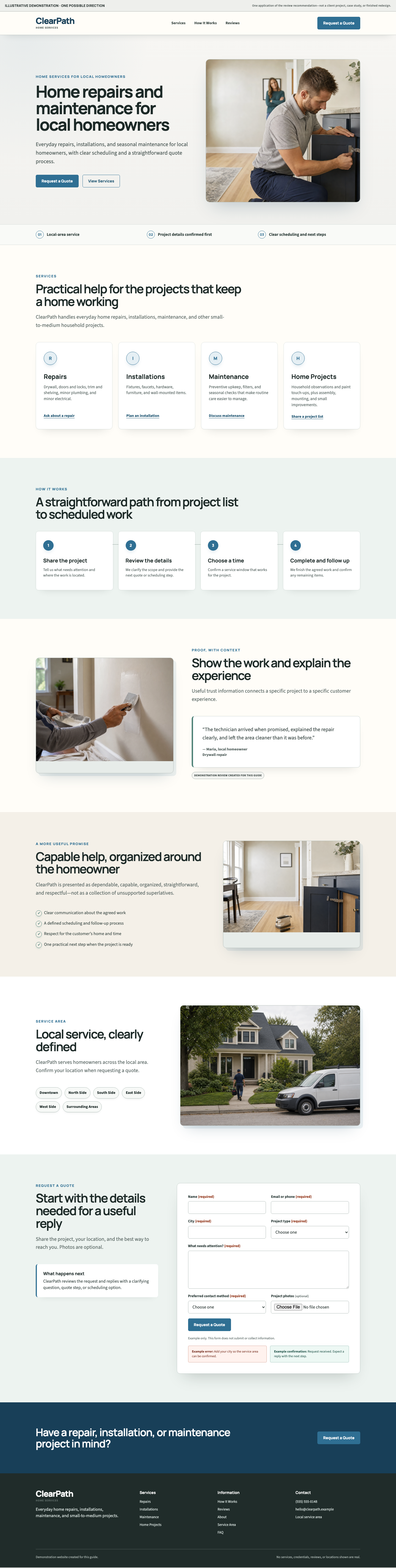 Illustrative ClearPath opening that identifies home repairs and maintenance for local homeowners and presents a clear quote action.