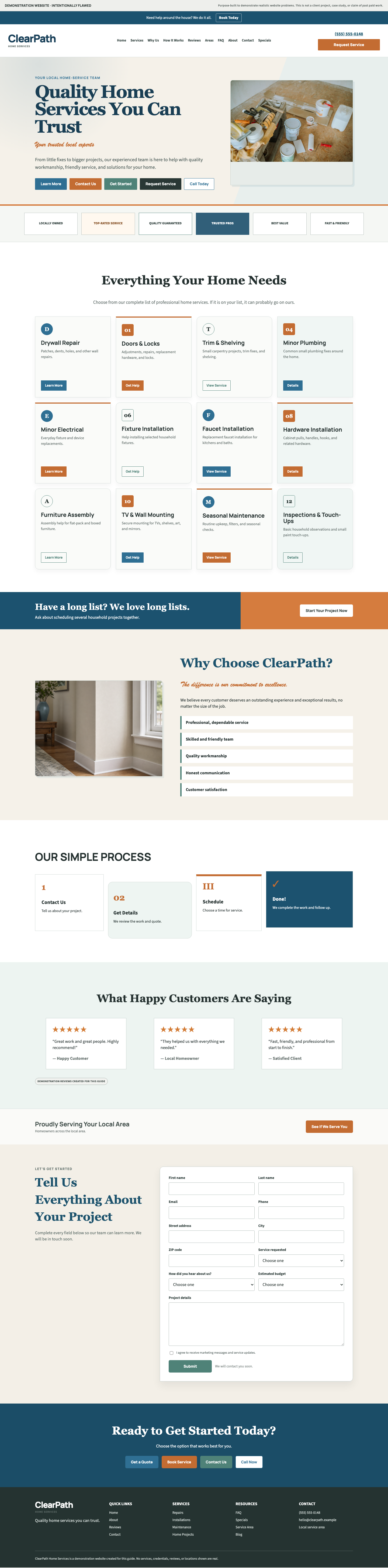 Purpose-built demonstration homepage used to illustrate a vague opening headline, competing action buttons, and unsupported trust badges.